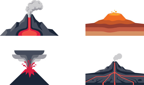 Volcano Eruption and Cross Section Flat Vector Set Featuring Volcanic Mountains Spewing Red Hot Magma Lava Flow Smoke and Underground Tectonic Layers