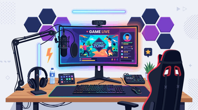 A gamer's setup with a computer, chair, keyboard, and microphone on a desk in a modern room with a screen displaying a live game.