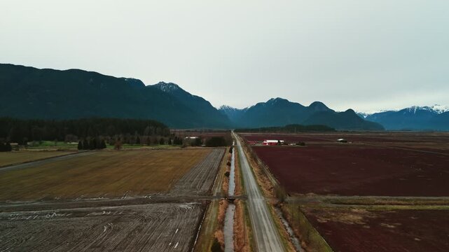 Aerial perspective glides along straight road toward jagged snow-dusted mountains under gray overcast sky approaching symmetrical rural landscape maroon bogs dark evergreen slopes cold winter light ap