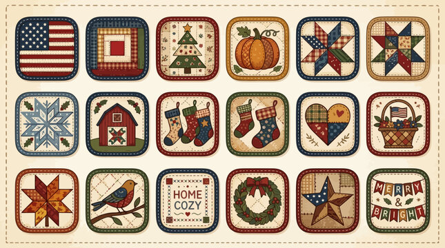 Rustic country quilt block icons set with folk art holiday and seasonal designs