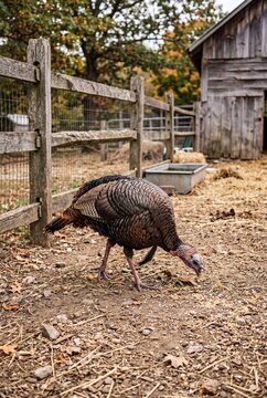 Turkey Bird Foraging for Food in Farm Pen
