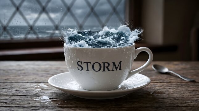 A turbulent ocean storm with crashing waves brewing inside a delicate white teacup labeled STORM, a powerful visual metaphor for overreacting to minor troubles.