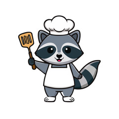 Fototapeta premium Cartoon raccoon chef holding spatula