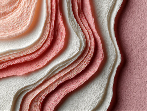 Abstract top-down paper craft background with layered white and blush pink sheets, organic pleats, soft side lighting, and right negative space ideal for editorial and branding design.