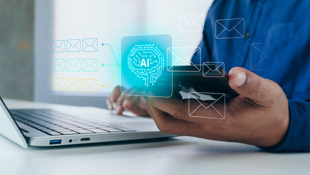 AI email classification system analyzing inbox messages and automatically sorting into categories like spam, priority, and marketing using machine learning interface overlay on laptop workspace