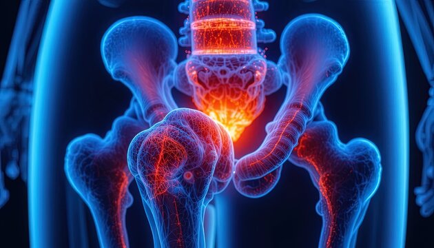 Glowing red human hip joint with blue skeleton, medical scan