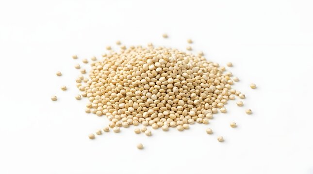 Pile of raw organic white quinoa seeds isolated on white background