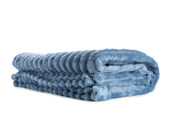 Folded blue soft textured blanket on white background © Pixel-Shot