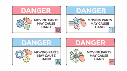 Fototapeta premium Flat Design Safety Warning Labels: Moving Parts Danger, Featuring Gears, Rollers, and Fan Graphics, Alerting to Hand Injury Risk with Clear Icons and Text, Set of Four