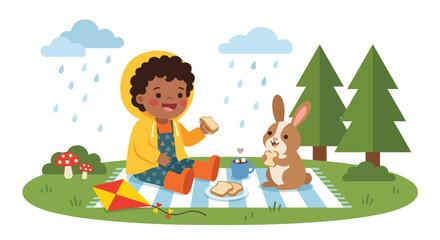 Fototapeta premium A cute illustration shows a young child in a yellow raincoat and a rabbit enjoying a rainy picnic with sandwiches on a grassy field.