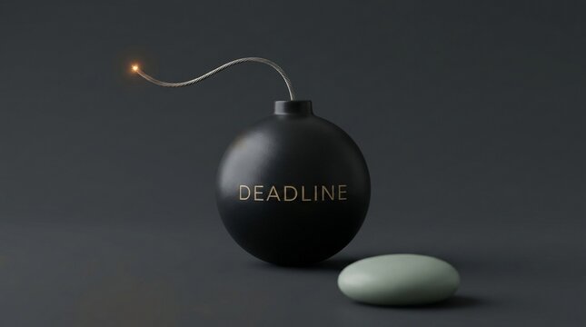 Black bomb with a glowing fuse and the word deadline inscribed on its surface sits against a dark background representing time pressure