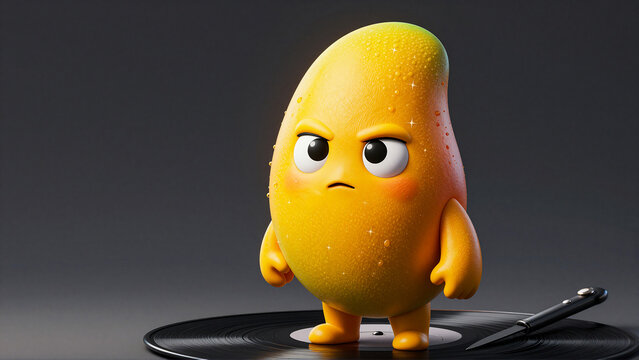 Angry mango fruit character standing on vinyl music record
