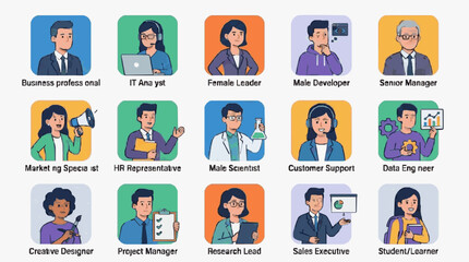 Fototapeta premium Professional Illustrated Icons Showcasing Diverse Work Roles with Gender Inclusive Representation and Colorful Backgrounds