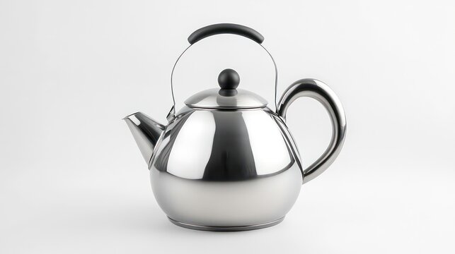 Shiny stainless steel teapot with curved body and black handle, isolated on white background.