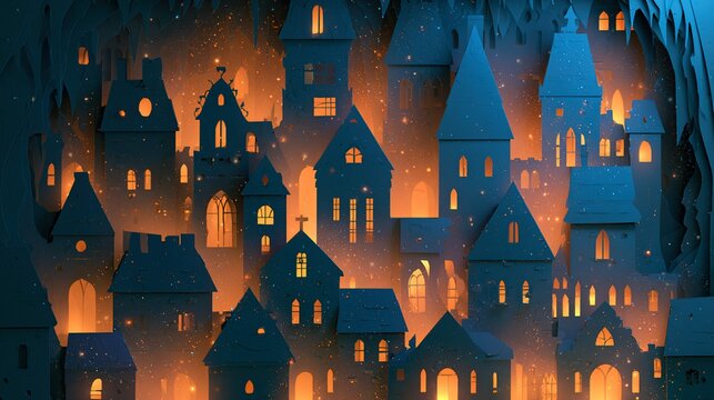 Paper-cut style 3D illustration of gothic castle, layers of dark paper creating depth positioned in enchanted garden clearing