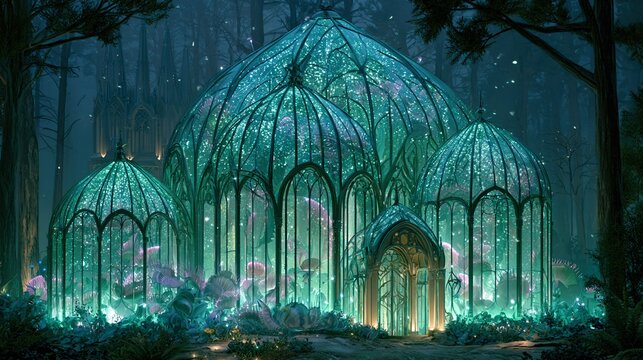 Greenhouse gothic castle with glass domes, filled with giant glowing carnivorous plants Venus flytraps situated under twilight night canopy