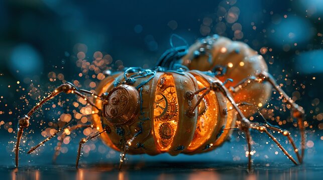 Whimsical 3D illustration of steampunk clockwork pumpkin spider, glowing internal gears positioned in enchanted garden clearing