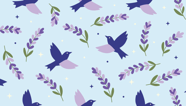 Whimsical seamless pattern featuring flying swallow birds and purple lavender botanical sprigs on light blue.