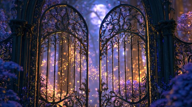 Ornate gothic iron gates opening to glowing enchanted forest, full moon, vibrant purple gold lighting placed in misty autumn woodland glade