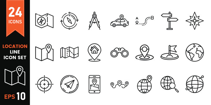 Route web icons in line style. Navigation, location, route map, traffic, pin, collection. Editable stroke. Vector illustration modern outline symbols.