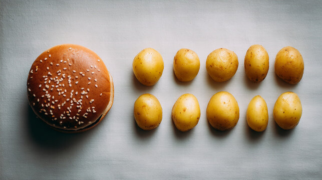 Fresh sesame bun served with small potatoes on grey surface potatoes ingredients