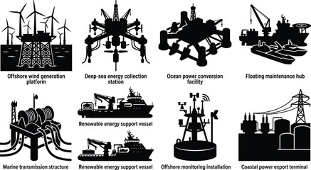 Obraz premium Offshore Renewable Energy Infrastructure Silhouette Collection with Wind Platforms Marine Support Vessels Monitoring and Coastal Power Systems