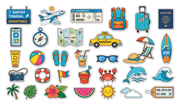Cute Tropical Island Summer Sticker Collection with Beach Adventure Travel Equipment Airplane Passport Vacation Cartoon Flat Vector Illustration
