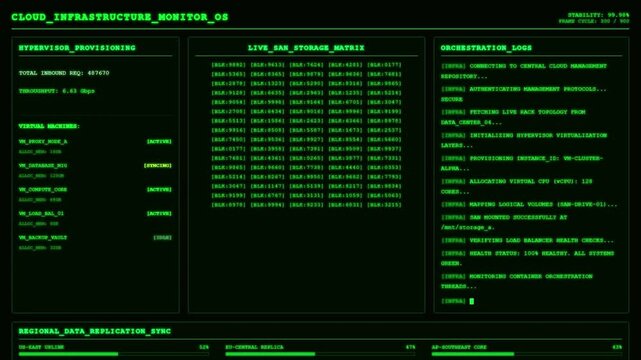 Futuristic green cloud infrastructure server monitor hud interface animation.