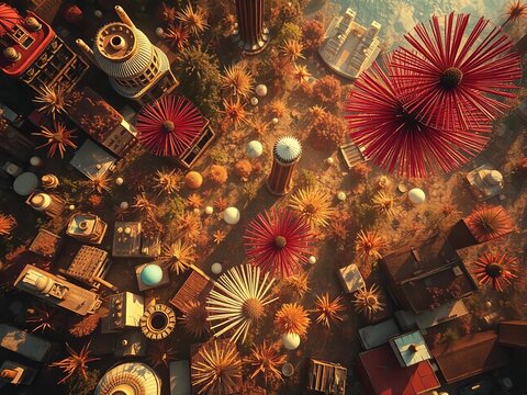 A richly layered collage of faded ephemera bursts with hyperreal saturation, a forgotten world viewed from the heavens,  hyperreal,  eye-level