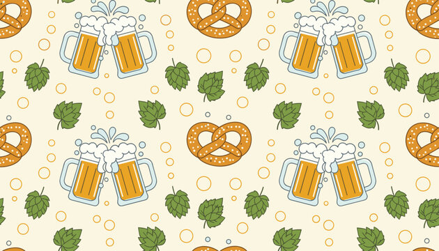 Oktoberfest seamless pattern featuring clinking beer mugs, delicious pretzels, and green hops on a light yellow background.