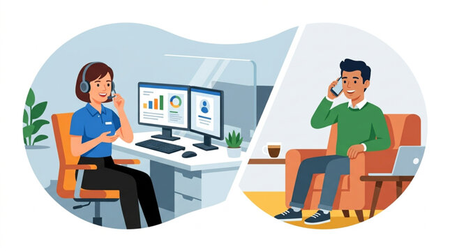 A female customer service agent with headset speaks on phone at desk with monitors, while a man talks on phone in armchair with laptop, illustrating remote communication
