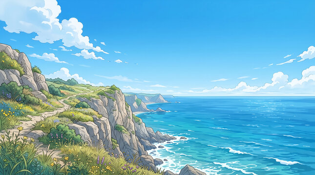 夏の青空と海を望む海岸の断崖絶景