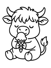 Fototapeta premium Cartoon Bull Enjoying an Ice Cream Cone: A cute, black and white cartoon illustration of a bull sitting down with its eyes closed, happily eating a vanilla ice cream cone in a waffle cone.