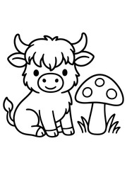 Fototapeta premium Cute Highland Cow and Mushroom Outline: An adorable, stylized illustration of a Highland cow sitting beside a whimsical mushroom, perfect for children's activities or farm-themed designs.