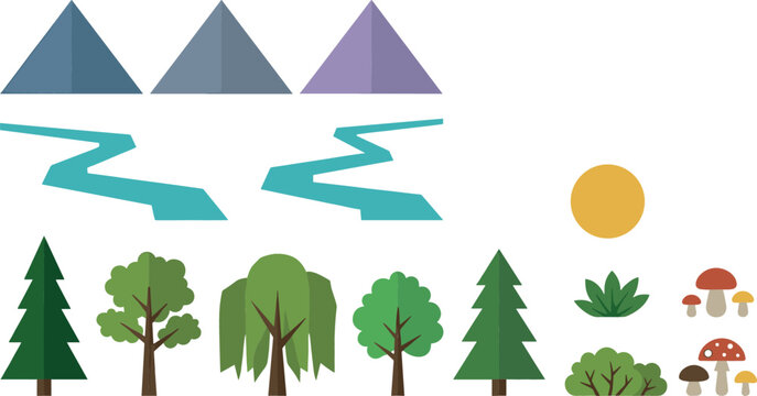 Flat Landscape Element Vector Kit Featuring Minimalist Mountains Winding Rivers Deciduous and Pine Trees Sun Bush and Mushrooms for Nature Mapping Design