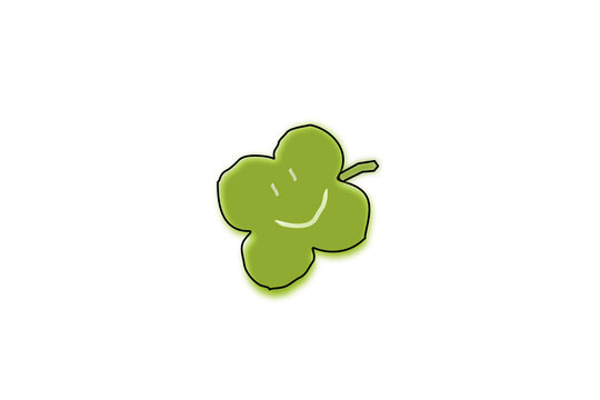Hand drawn green four leaf clover doodle with face isolated on white background