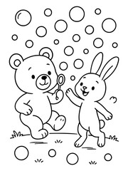 Naklejka premium Cute bear and rabbit blowing bubbles