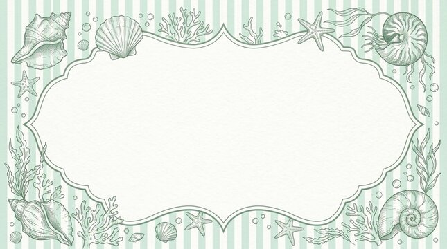 Elegant nautical frame featuring hand drawn seashells and coral illustration on a soft mint green striped background for invitations