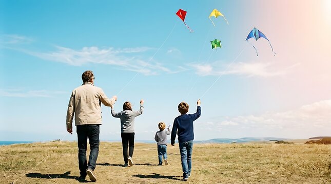 Family flying colorful kites on a sunny day at the beach.