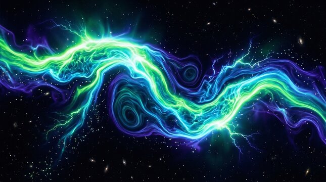 Cosmic nebula background with glowing green and blue electrical energy plasma swirling in dark space with distant stars.