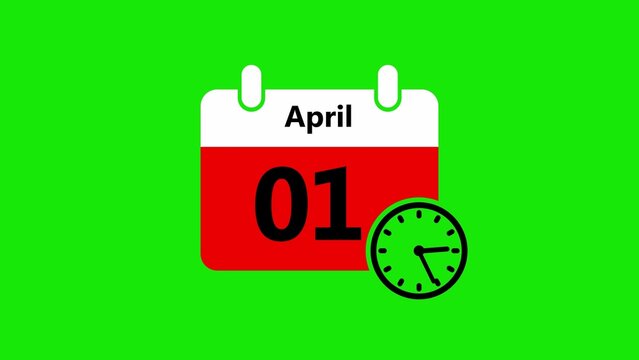 April 1st calendar date with clock on bright green background