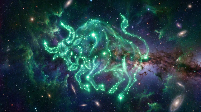 An abstract bull constellation shining brightly with emerald stars in deep space dazzles
