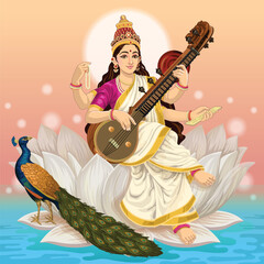 Naklejka premium Goddess Saraswathi Sitting on Lotus with peacock