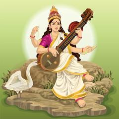 Naklejka premium Indian Goddess Saraswathi in sitting Pose with Swan