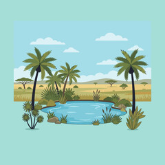 Fototapeta premium Tropical oasis with palm trees and a blue pond