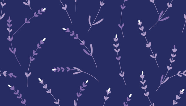 Elegant seamless pattern of delicate purple lavender flowers on a deep dark blue background for fabric or wallpaper.