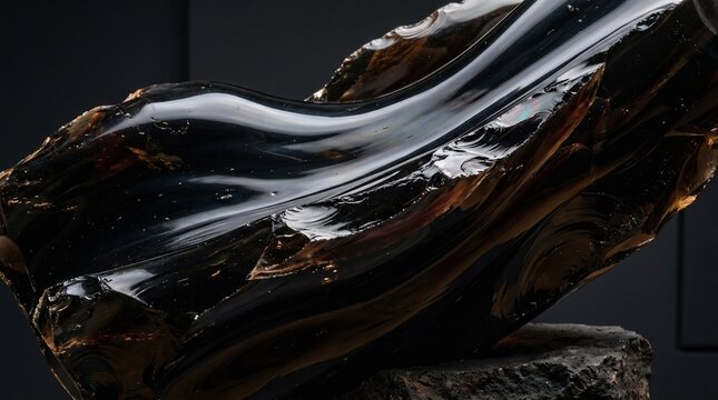 Polished raw piece of black obsidian stone featuring glassy texture and sharp edges isolated against a dark backdrop.