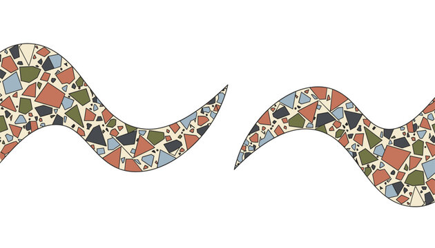 Elegant abstract curved waves with a terrazzo mosaic stone pattern in natural colors of brown, blue, and green on a white background.