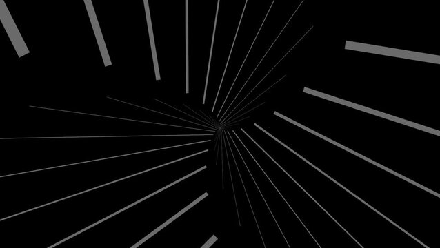 Abstract geometric motion graphics featuring gray rectangular bars rotating in circular spiral pattern against black background creating minimalist futuristic visual animation for digital projects.