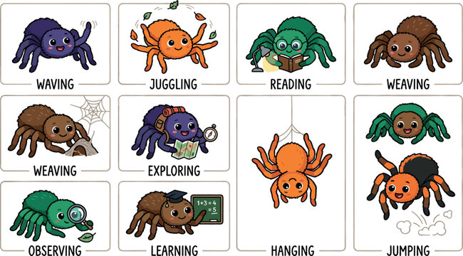 Cute Cartoon Spider Character Mascot Set with Educational Action Verbs Flashcards for Kids Learning, Vocabulary Words, and Colorful Insect Graphics Vector